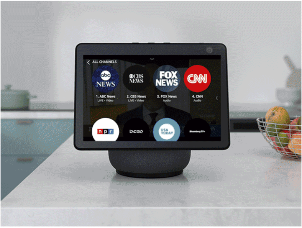 An Echo Show 15 on a kitchen counter with several bubbles of news providers displayed on screen.